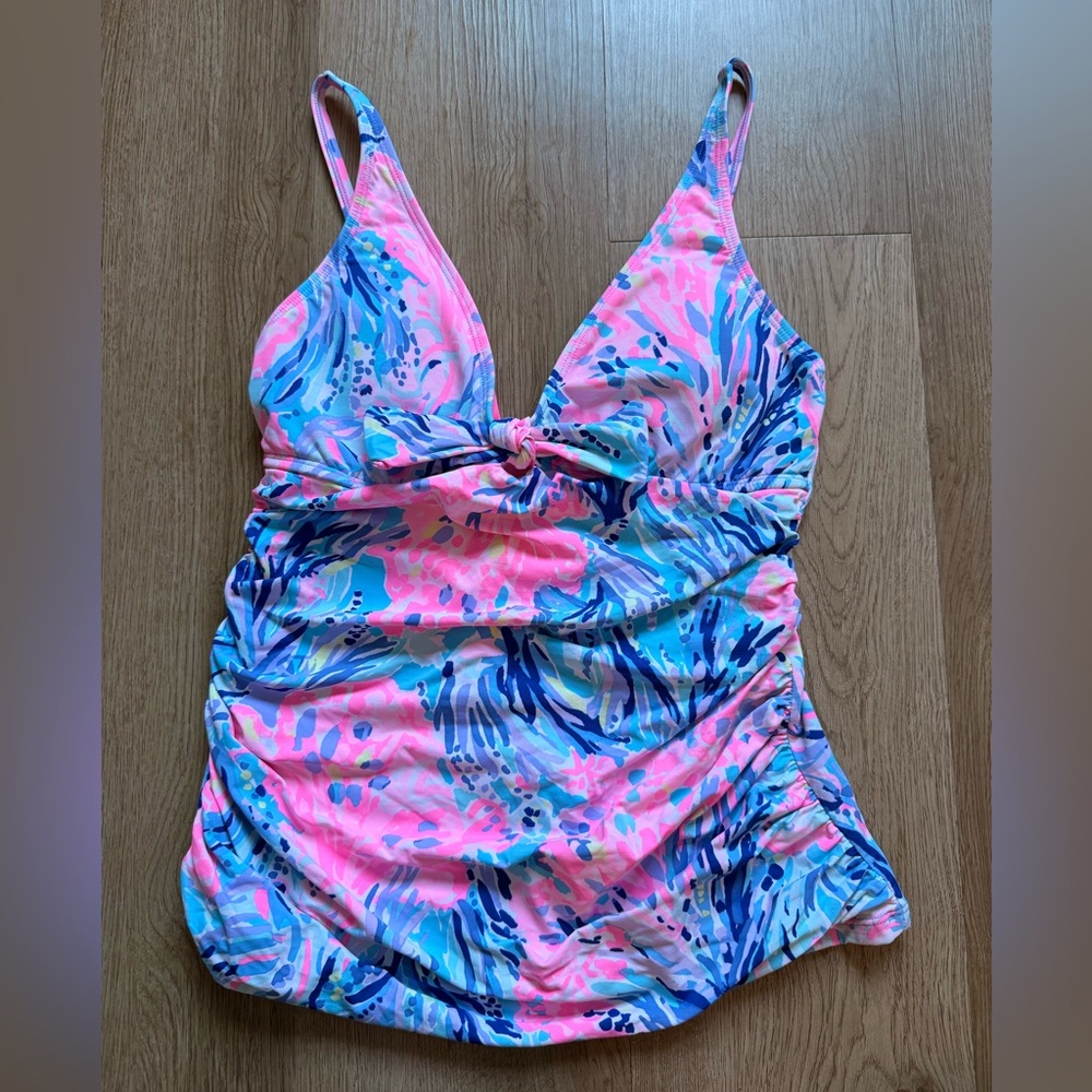 Lilly Pulitzer Pink Blue Floral Beachy Tankini Swimsuit 6 Adjustable Straps - Picture 5 of 7